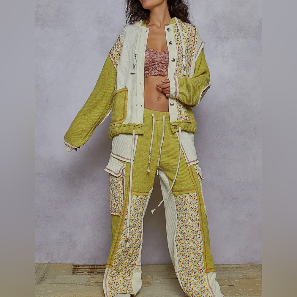 POL Green and Cream Floral Patchwork Track Pants - Picture 2 of 7